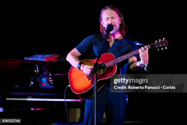 Thom Yorke of the group Radiohead perform on stage on August 20, 2017 in Macerata, Italy.