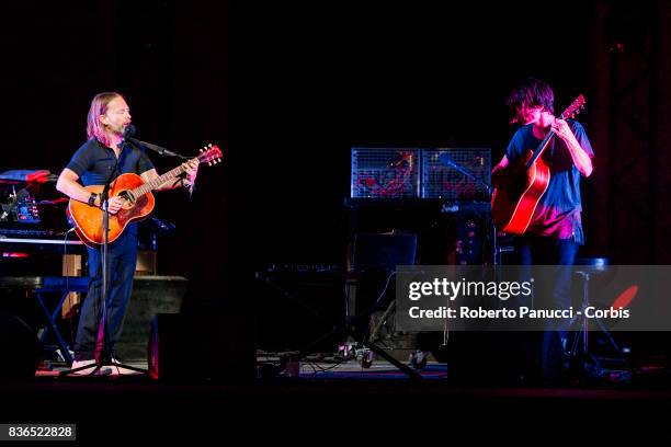 Thom Yorke and Jonny Greenwood of the group Radiohead performs on stage on August 20, 2017 in Macerata, Italy.