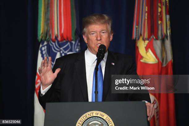 President Donald Trump delivers remarks on Americas military involvement in Afghanistan at the Fort Myer military base on August 21, 2017 in...