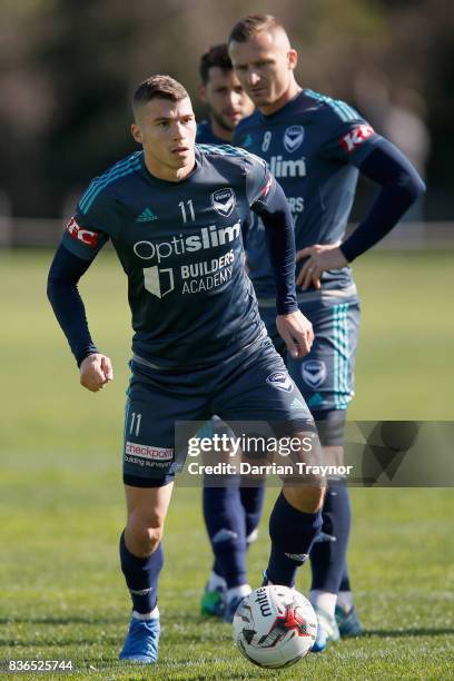 Mitch Austin of the Victory takes part during a Melbourne Victory training session at AAMI Park on August 22, 2017 in Melbourne, Australia.