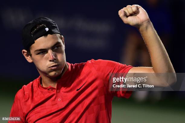 Taylor Fritz reacts after defeating Malek Jaziri of Tunisia during the third day of the Winston-Salem Open at Wake Forest University on August 21,...