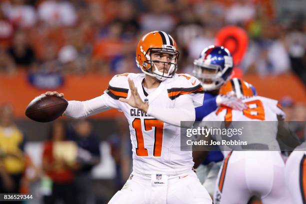 Brock Osweiler of the Cleveland Browns passes in the first half of a preseason game against the New York Giants at FirstEnergy Stadium on August 21,...