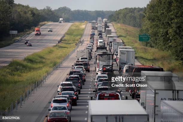 Traffic is backed up in the northbound lanes of Interstate 57 following the solar eclipse on August 21, 2017 near Johnston, Illinois. With...