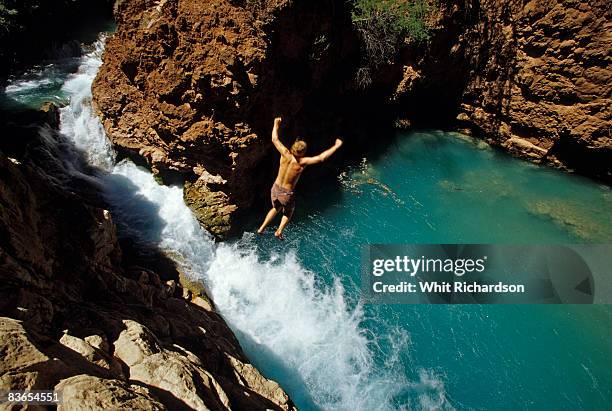 man jumps into water in grand canyon - salto desde acantilado fotografías e imágenes de stock