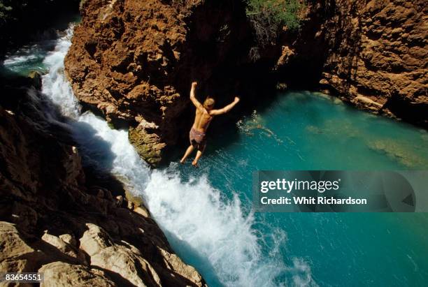 man jumps into water in grand canyon - waterfall jump stock pictures, royalty-free photos & images