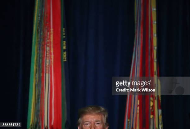 President Donald Trump delivers remarks on American involvement in Afghanistan at the Fort Myer military base on August 21, 2017 in Arlington,...