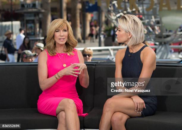 Leeza Gibbons and Charissa Thompson visit "Extra" at Universal Studios Hollywood on August 21, 2017 in Universal City, California.