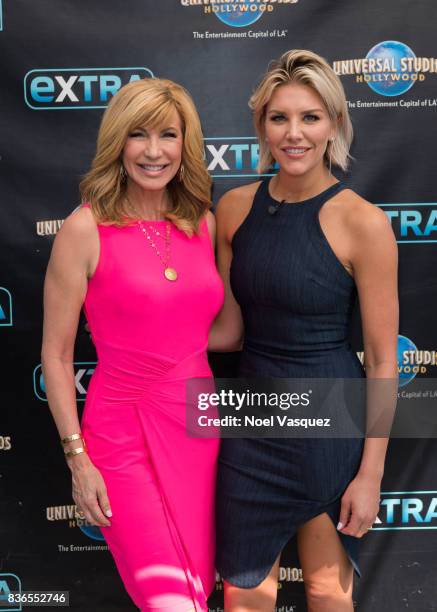 Leeza Gibbons and Charissa Thompson visit "Extra" at Universal Studios Hollywood on August 21, 2017 in Universal City, California.