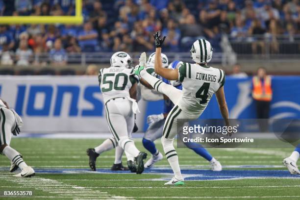 New York Jets punter Lac Edwards punts during a preseason game between the New York Jets and the Detroit Lions on August 19, 2017 at Ford Field in...