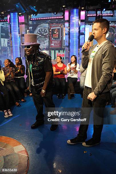 Rap artist T-Pain visits MTV's "TRL" with VJ Damien Fahey at the MTV studios in Times Square on November 11, 2008 in New York City.