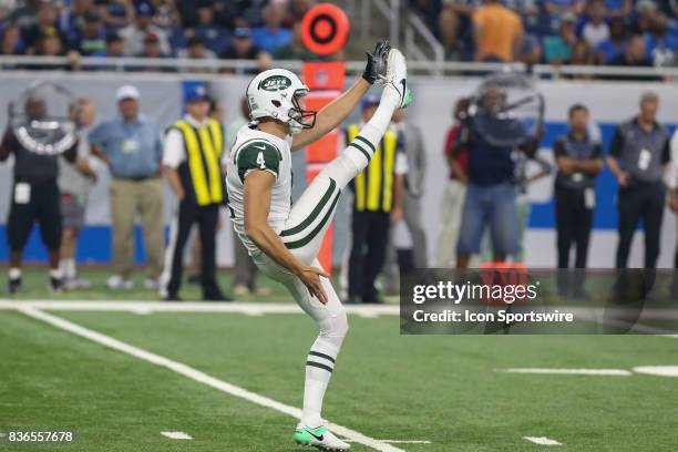 New York Jets punter Lac Edwards punts during a preseason game between the New York Jets and the Detroit Lions on August 19, 2017 at Ford Field in...