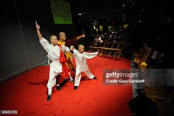 Actors/martial artists Yu Fei, Zhang Zhigang and Wang Sen perform during a press preview of "Soul of Shaolin" on Broadway at the New World Stages on...