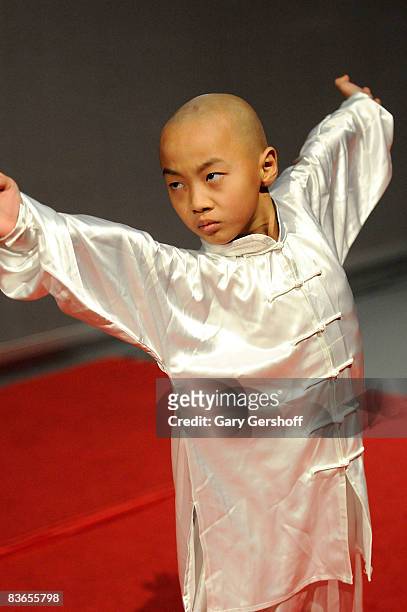 Actor/martial artist Wang Sen performs during a press preview of "Soul of Shaolin" on Broadway at the New World Stages on November 11, 2008 in New...