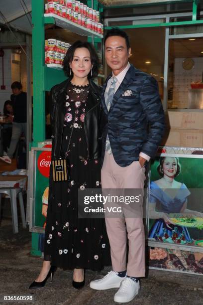 Actor Simon Yam Tat-wah and actress Carina Lau attend the shooting of director Patrick Kong's new movie on August 21, 2017 in Hong Kong, China.