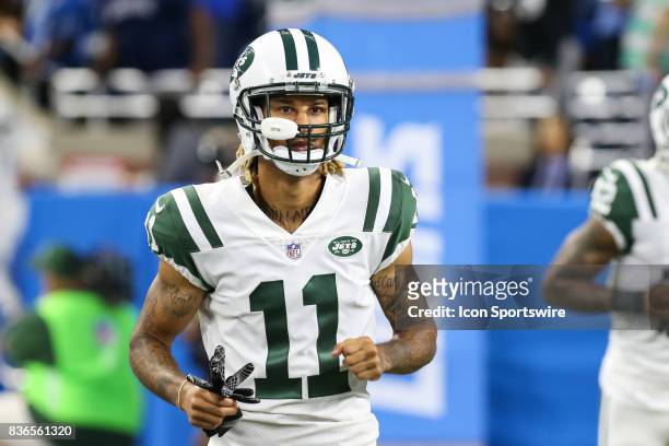 New York Jets wide receiver Robby Anderson runs onto the field prior to the start of a preseason game between the New York Jets and the Detroit Lions...