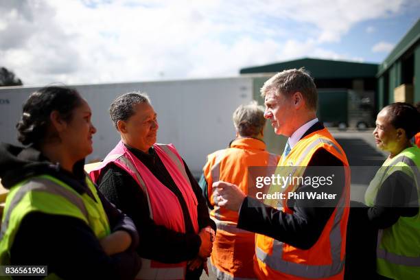 New Zealand Prime Minister Bill English speaks to produce packers at the Balle Brothers fresh produce plant in Pukekohe on August 22, 2017 in...