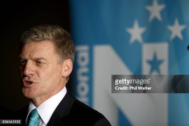 New Zealand Prime Minister Bill English speaks to workers and media at the Balle Brothers fresh produce plant in Pukekohe on August 22, 2017 in...