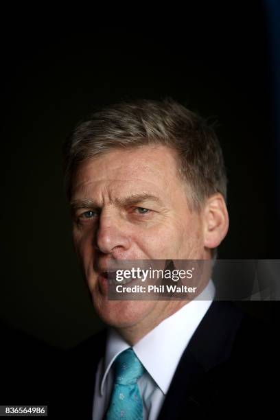 New Zealand Prime Minister Bill English speaks to workers and media at the Balle Brothers fresh produce plant in Pukekohe on August 22, 2017 in...