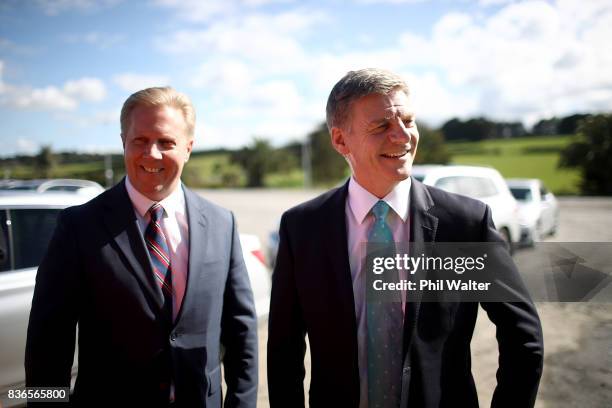 Prime Minister Bill English and National spokesperson for trade Todd McClay arrive at the Balle Brothers fresh produce plant in Pukekohe on August...