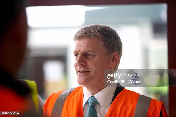 New Zealand Prime Minister Bill English speaks to produce packers at the Balle Brothers fresh produce plant in Pukekohe on August 22, 2017 in...