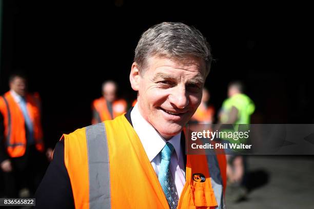 New Zealand Prime Minister Bill English speaks to produce packers at the Balle Brothers fresh produce plant in Pukekohe on August 22, 2017 in...