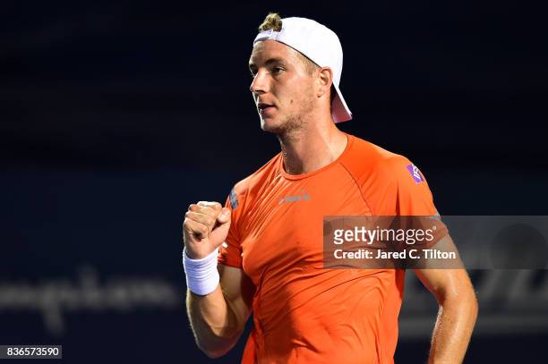 Jan-Lennard Struff of Germany reacts after a point against Pablo Cuevas of Uruguay during the third day of the Winston-Salem Open at Wake Forest...