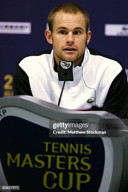 Andy Roddick of the United States announces his withdrawl from the tournament at a press conference during the Tennis Masters Cup Qi Zhong Stadium...