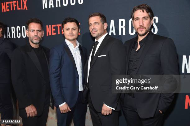 Actors Francisco Denis, Arturo Castro, Pepe Rapazote and Alberto Ammann attends the "Narcos" Season 3 New York screening at AMC Loews Lincoln Square...