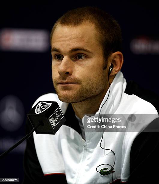 Andy Roddick of the United States gives a press conference to annouce he pulled out of the Tennis Masters Cup 2008 due to injury on November 12, 2008...