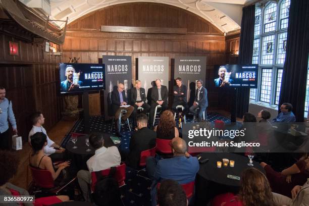 Moderator Joe Neumaeier, Chris Fiestl, William Rempel, Actor Pedro Pascal and Film Director Andi Baiz attend "Narcos" Season 3 New York Screening...