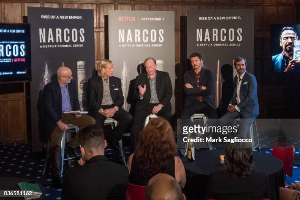 Moderator Joe Neumaeier, Chris Fiestl, William Rempel, Actor Pedro Pascal and Film Director Andi Baiz attend "Narcos" Season 3 New York Screening...