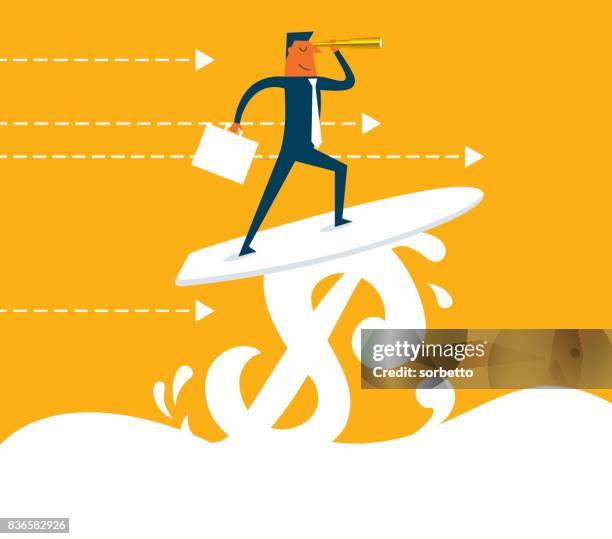 illustrazioni stock, clip art, cartoni animati e icone di tendenza di uomo d'affari che naviga sull'onda dollar - surfing stock illustrations