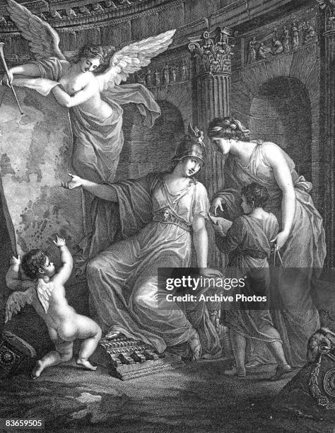 Minerva , the Roman goddess of wisdom, instructs a young student to find his inspiration in Italy and Greece, in the frontispiece to 'The Works in...