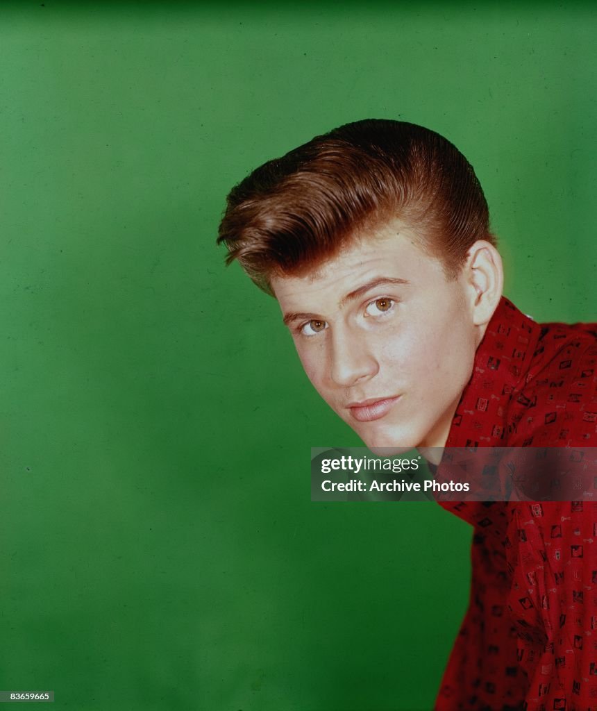 American singer and teen idol Bobby Rydell with his hair gelled in a ...