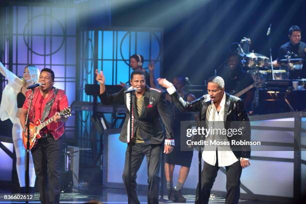 Tito Jackson, Jackie Jackson and Marlon Jackson of The Jacksons perform onstage at the 2017 Black Music Honors at Tennessee Performing Arts Center on...