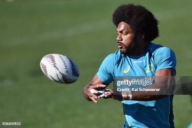 Henry Speight receives a pass during an Australian Wallabies training session at Linwood Rugby Club on August 22, 2017 in Christchurch, New Zealand.