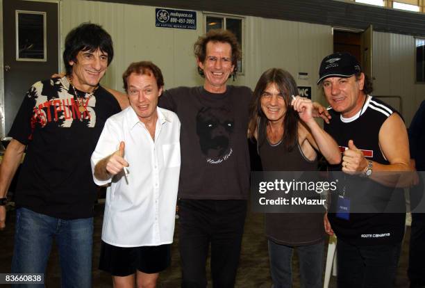 Ronnie Wood of The Rolling Stones, Angus Young of AC/DC, Keith Richards of The Rolling Stones, Malcolm Young of AC/DC and Brian Johnson of AC/DC