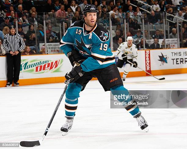 Joe Thornton of the San Jose Sharks looks to pass the puck during an NHL game against the Dallas Stars on November 8, 2008 at HP Pavilion at San Jose...