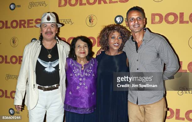 Producer/musician Carlos Santana, labor leader/activist Dolores Huerta, actress Alfre Woodard and director Peter Bratt attend the "Dolores" New York...