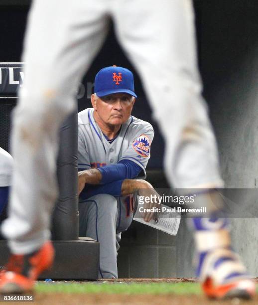 Manager Terry Collins of the New York Mets watches his team batting in an interleague MLB baseball game against the New York Yankees on August 15,...