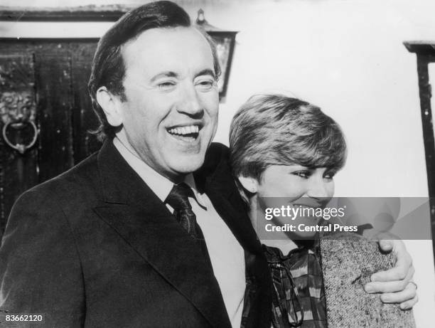 English broadcaster and satirist David Frost with his first wife, English actress Lynne Frederick after their wedding night at Frost's rural retreat,...