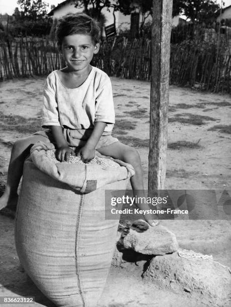 Un petit garçon sur un sac de riz en Grèce.