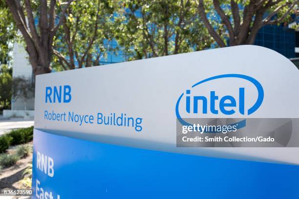 Signage with logo and text identifying the Robert Noyce Building at the Silicon Valley headquarters of computer hardware manufacturer Intel, Santa...