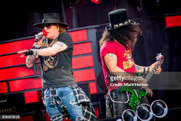 Axl Rose and Slash of Guns N' Roses perform onstage during the 'Not In This Lifetime' Tour at TD Place Stadium on August 21, 2017 in Ottawa, Canada.
