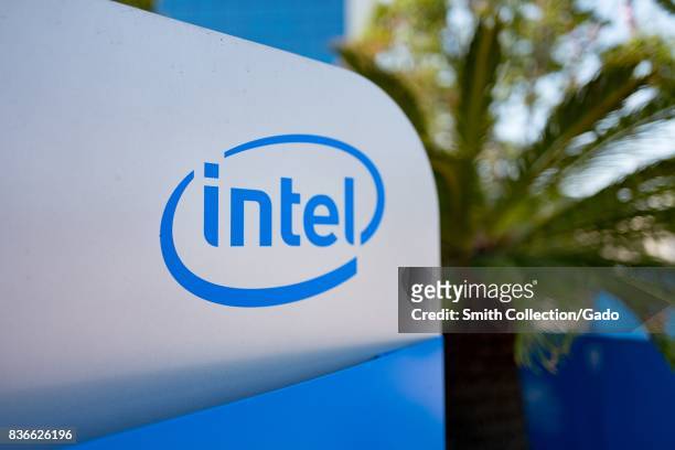 Signage with logo at the Silicon Valley headquarters of computer hardware manufacturer Intel, Santa Clara, California, August 17, 2017. .