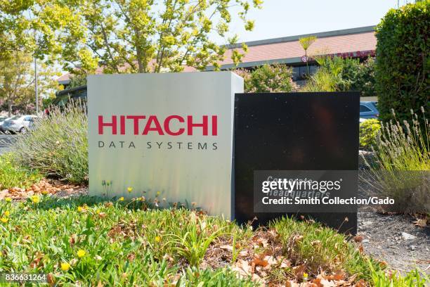 Signage with logo at the Silicon Valley headquarters of Japanese multinational conglomerate Hitachi, Santa Clara, California, August 17, 2017. .