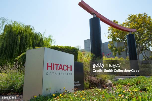 Signage with logo and Japanese arch at the Silicon Valley headquarters of Japanese multinational conglomerate Hitachi, Santa Clara, California,...