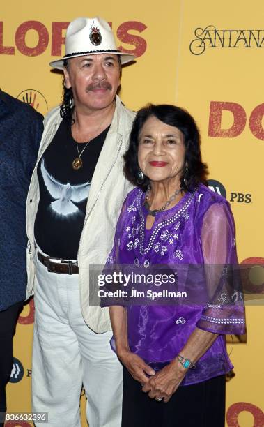 Producer/musician Carlos Santana and labor leader/activist Dolores Huerta attend the "Dolores" New York premiere at The Metrograph on August 21, 2017...