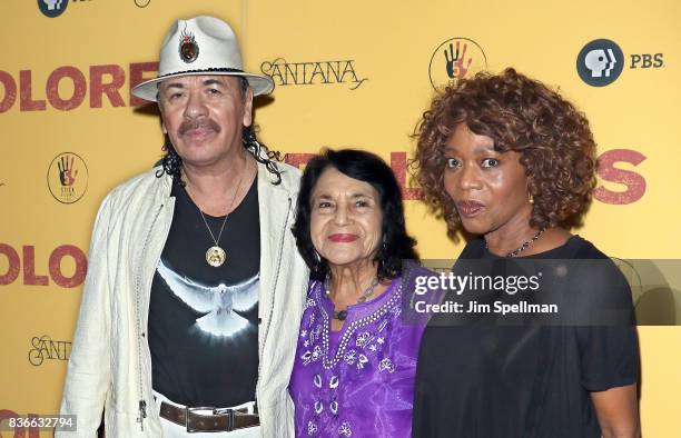 Producer/musician Carlos Santana, labor leader/activist Dolores Huerta and actress Alfre Woodard attend the "Dolores" New York premiere at The...