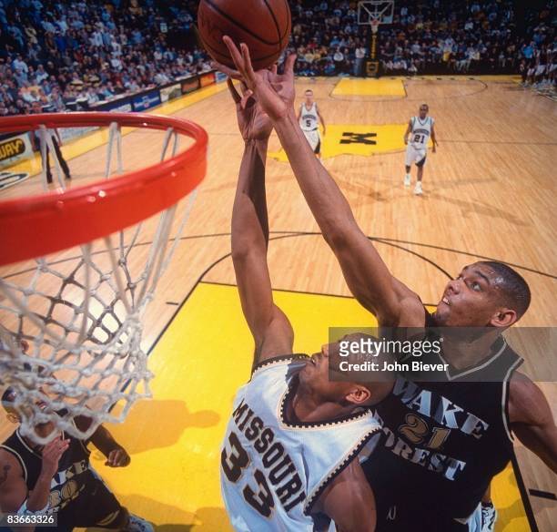 Aerial view of Wake Forest Tim Duncan in action vs Missouri Kelly Thames . Columbia, MO 2/9/1997 CREDIT: John Biever